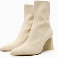 Heel Height 3 Inches Pointed Toe Stretch Fabric Size 40 Casual Beige Pointed Toe Heels, Chic Ankle Strap Heeled Boots For Fall, Spring Ankle Strap Boots, Trendy Ankle Strap Boots For Spring, Winter Ankle Strap Heeled Boots With Reinforced Heel, Chic Heeled Boots With Ankle Strap For Spring, Chic Ankle Strap Boots For Winter, Beige Round Toe Heels For Fall, Fitted Cream Heeled Boots For Spring