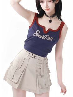 This tank top is perfect for those who love to embrace a cute and trendy look during the summer months. The dark blue color with red trim adds a touch of playfulness to your outfit, making it a versatile piece for casual outings or fun gatherings. The girly and trendy design makes it a must-have for anyone who enjoys a youthful and stylish wardrobe.   	 		 			Size 			S 			M 			L 		 		 			Bust 			78 			82 			86 		 		 			Full Length 			40 			42 			44 Retro Navy Tops For Summer, Trendy Blue Tank Vest, Cute Blue Sleeveless Tank Top, Cute Red Summer Tank Top, Navy Retro Summer Tops, Cute Red Cotton Tank Top, Red Sleeveless Gothic Top, Steampunk Fashion Male, Gothic Skirts