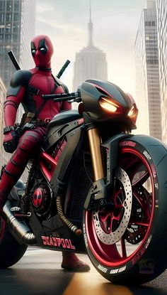 deadpool on a motorcycle in the city