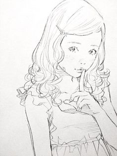 a drawing of a girl holding her finger to her lips and looking at the camera