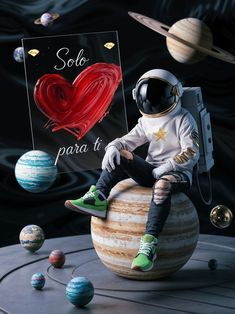 an astronaut sitting on top of a ball in front of the planet with a heart