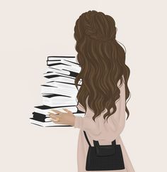 a woman with long brown hair is looking at stacks of papers