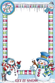 a christmas card with two snowmen in front of an ice frame and the words let it