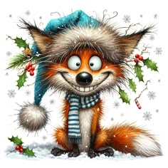 a drawing of a fox wearing a hat and scarf