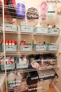 the pantry shelves are organized and labeled with labels for different types of storage items, including plastic containers