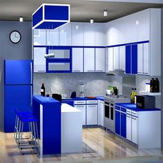 a blue and white kitchen is shown in this image