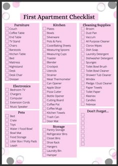 a pink checklist with the words'first apartment checklist'in black and white