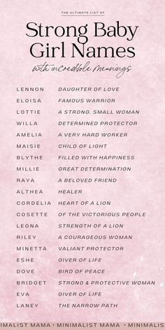 a pink poster with the words strong baby girl names