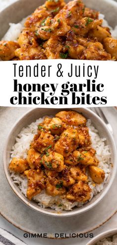 chicken and juicy honey garlic on top of white rice in a bowl with the title text overlay reads tender & juicy honey garlic chicken