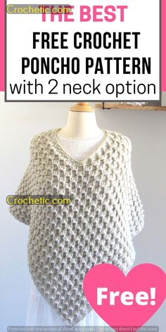 a crochet poncho pattern with 2 neck options on the front and back