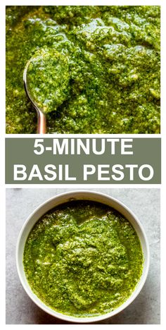 three pictures showing different types of pesto in bowls and spoons with the words 5 - minute basil pesto