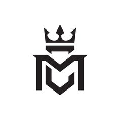 the letter m with a crown on top is shown in this black and white logo