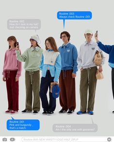 people standing in line with text bubbles above them