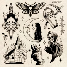 an old school tattoo design with skulls and other tattoos