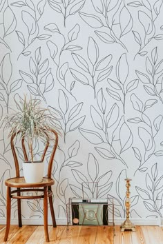 a chair sitting next to a plant on top of a hard wood floor in front of a wall