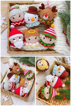 several pictures of stuffed animals in a basket with christmas decorations on the side and below