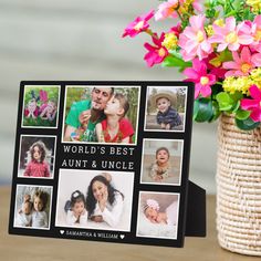 a family photo frame with flowers in the background