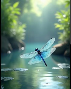 a blue dragon flys over the water