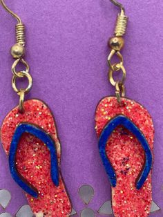 Mini flip flop red glitter with blue strap earrings. Laser cut and handmade from wood, so they are super light. Hypoallergenic hooks. Mini anything is adorable and these flip flops are no different. See pics for size. Summer Beach Red Jewelry, Red Summer Beach Jewelry, Casual Summer Earrings For Gifts, Fun Red Summer Jewelry, Jewelry Sale, Red Glitter, Party Accessories, Pool Party, Flip Flop