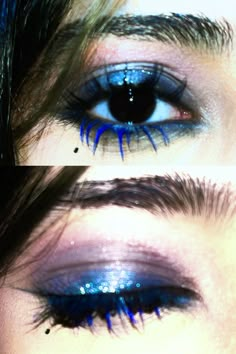 Kaleidoscope Makeup Eyes, Blue Mascara Makeup Ideas, Dark Inner Corner Eyeshadow, Blue Eyeshadow Bleached Brows, David Bowie Blue Eyeshadow, Emo Blue Makeup, Funky Halloween Makeup, Night Time Eye Makeup