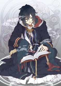 an anime character sitting on top of a white plate with a book in his hand