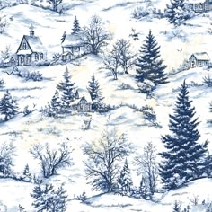 a blue and white wallpaper with houses in the snow, trees, and bushes