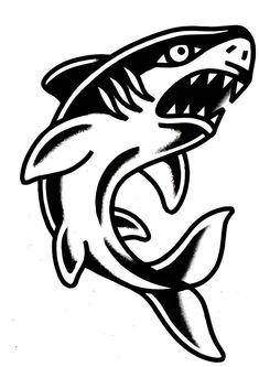 a black and white drawing of a shark with its mouth open