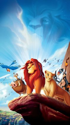 the lion king and other disney characters are standing on top of a rock in front of a blue sky