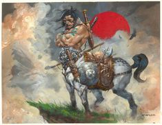 a man riding on the back of a white horse next to a red sun and clouds