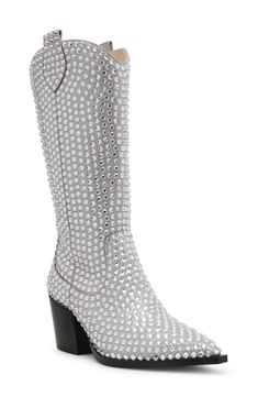 A classic Western boot goes glam with allover rhinestones that sparkle and shine, while a block heel and snip toe maintain classic cowboy style. 2 3/4" heel 9 1/2" shaft; 14 3/4" calf circumference Inset side-zip closure Textile upper/synthetic lining and sole Imported Blue By Betsey Johnson, Ankle Cowboy Boots, Classic Cowboy, Western Boots Women, Rhinestone Embellishments, Sneaker Dress Shoes, Cowboy Style, Western Boot, Sneaker Heels