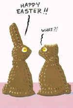 two brown rabbits sitting next to each other with the words happy easter written on them