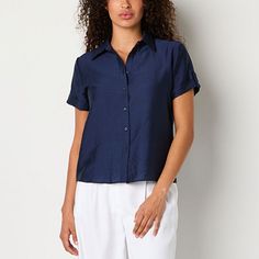 Perfect to tailor yourself in the heat, Worthington's women's button-down shirt is made from a lightweight woven fabric with a spread collar and short sleeves with rolled button cuffs. Style it with everything from jeans and loafers or cropped pants and sandals.Closure Type: ButtonFit: Regular FitNeckline: Collar NeckSleeve Length: Short SleeveSleeve Style: Cuffed SleeveApparel Length: 24.25 InchesFiber Content: 84% Tencel Lyocell, 16% NylonFabric Description: Plain WeaveCollar: Point CollarCare Solid Shirt With Button Closure And Shirttail Hem, Solid Color Shirt With Button Closure And Shirttail Hem, Camp Collar Blouse With Buttons, Solid Color Button-up Top With Rolled Sleeves, Summer Button-up Shirt With Back Button Closure, Fitted Button-up Camp Shirt, Solid Button-up Camp Shirt With Buttons, Light Indigo Button-up Tops For Everyday, Blue Relaxed Fit Short Sleeve Button-up Shirt