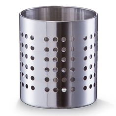 a stainless steel cup with holes on it