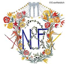 the letter nf is surrounded by colorful flowers and birds in front of a bridge