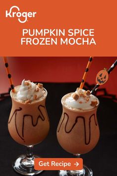 two pumpkin spice frozen mochas on a table