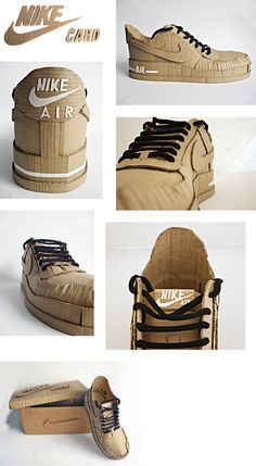 several images of different types of shoes made out of cardboard and paper with the words nike on them