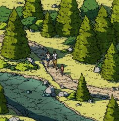 a cartoon scene with people walking on a path in the woods, and some trees