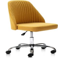 a yellow office chair with chrome wheels and casteors on an isolated white surface, viewed from the front