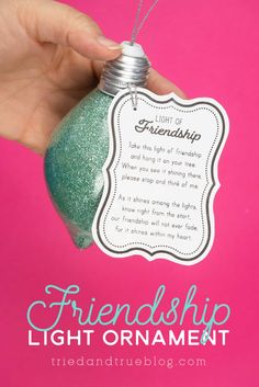 a hand holding a light bulb ornament with the words, friendship