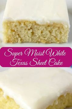 a close up of a piece of cake on a plate with the words super moist white texas sheet cake