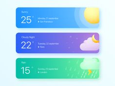 three weather banners with the sun, moon and cloud in different colors on a light blue background