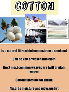 cotton is a natural fiber which comes from a seed pod can be knit or woven into cloth the 2 most common waves are will