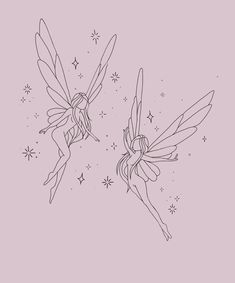 two fairy tinkerbells flying through the air with stars in the sky behind them