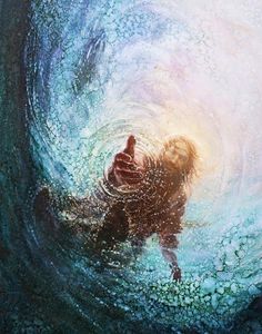 a painting of a man in the middle of a large wave with his arms outstretched