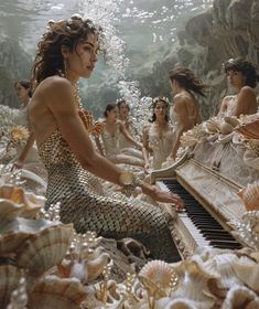 several women dressed in mermaid costumes are sitting around a piano and playing the music on it