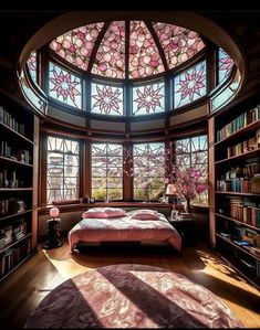 a bed sitting under a window next to a book shelf filled with lots of books