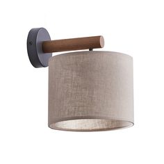 a wall mounted light with a wooden arm and fabric shade on the back of it