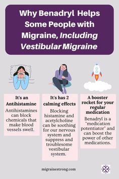 Three figures showing the 3 ways that benadryl can help migraine relief. Headache Hacks, Vestibular Disorder, Get Rid Of Migraine, Migraine Remedy, Vestibular Rehabilitation, Vestibular Migraines, Getting Rid Of Migraines, Types Of Migraines, Migraine Diet