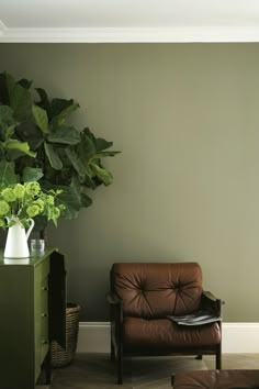 a brown chair sitting next to a green plant