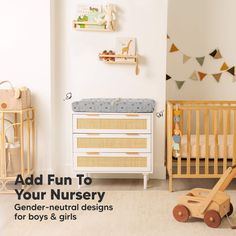 a baby's nursery with toys and accessories on the floor, including a crib